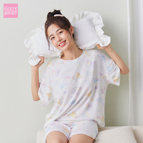 68睡衣女春夏可爱印花牛奶丝柔软短袖短裤家居服套装
