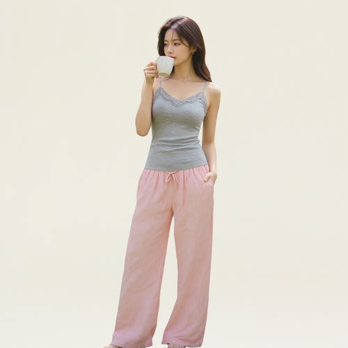 6IXTY8IGHT 68家居服女休闲格纹长裤裤睡弹力腰裤宽松舒适可外穿