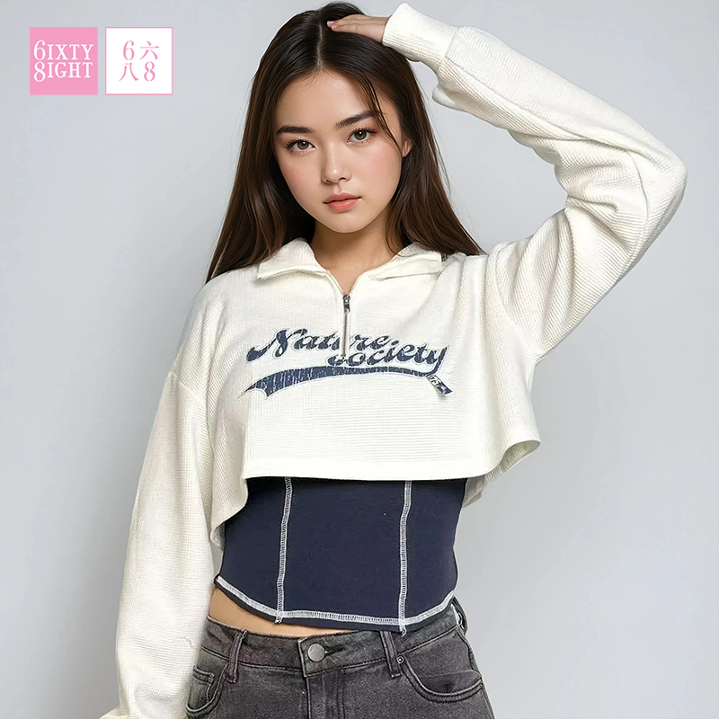 68女装秋季美式校园风印花假两件华夫格长袖卫衣宽松休闲上衣