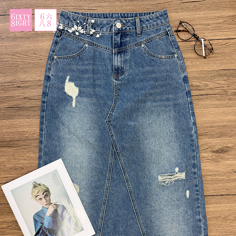 68女装秋新款中腰舒适牛仔半裙中长款做旧复古风