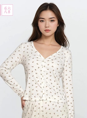 6IXTY8IGHT 2025睡衣女秋冬可爱小熊印花长袖开衫柔软家居服上衣