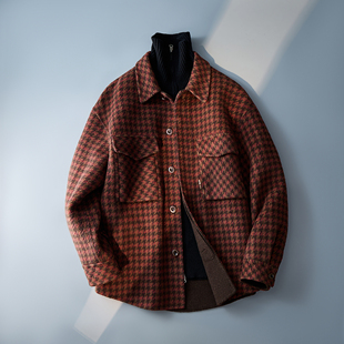 5871P325控688 羊毛外套6016 2025新格子 红色千鸟格宽松毛呢衬衫