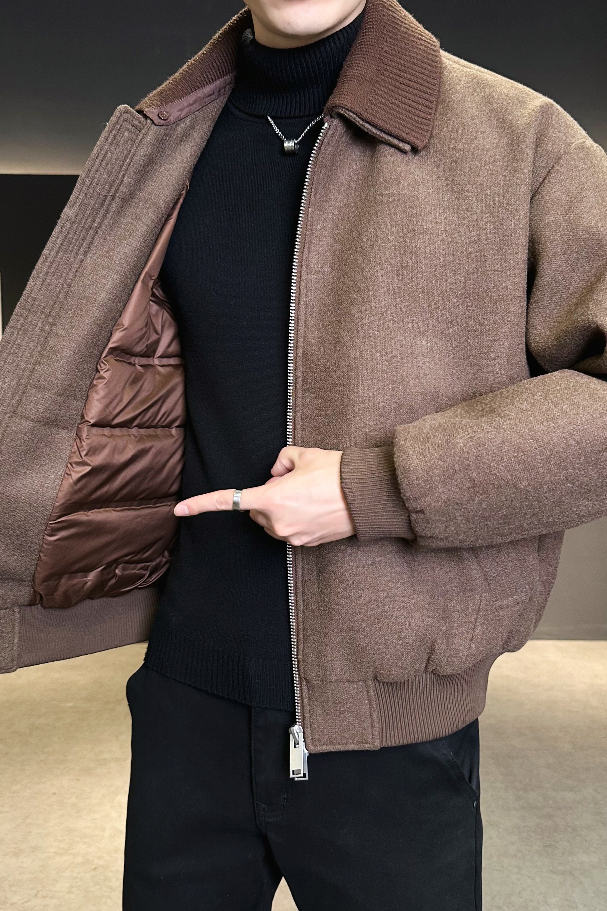 呢子夹克羽绒服毛线双领可脱卸羽绒衣6016-25320P350控699,男装夹克,钱塘大厦6016
