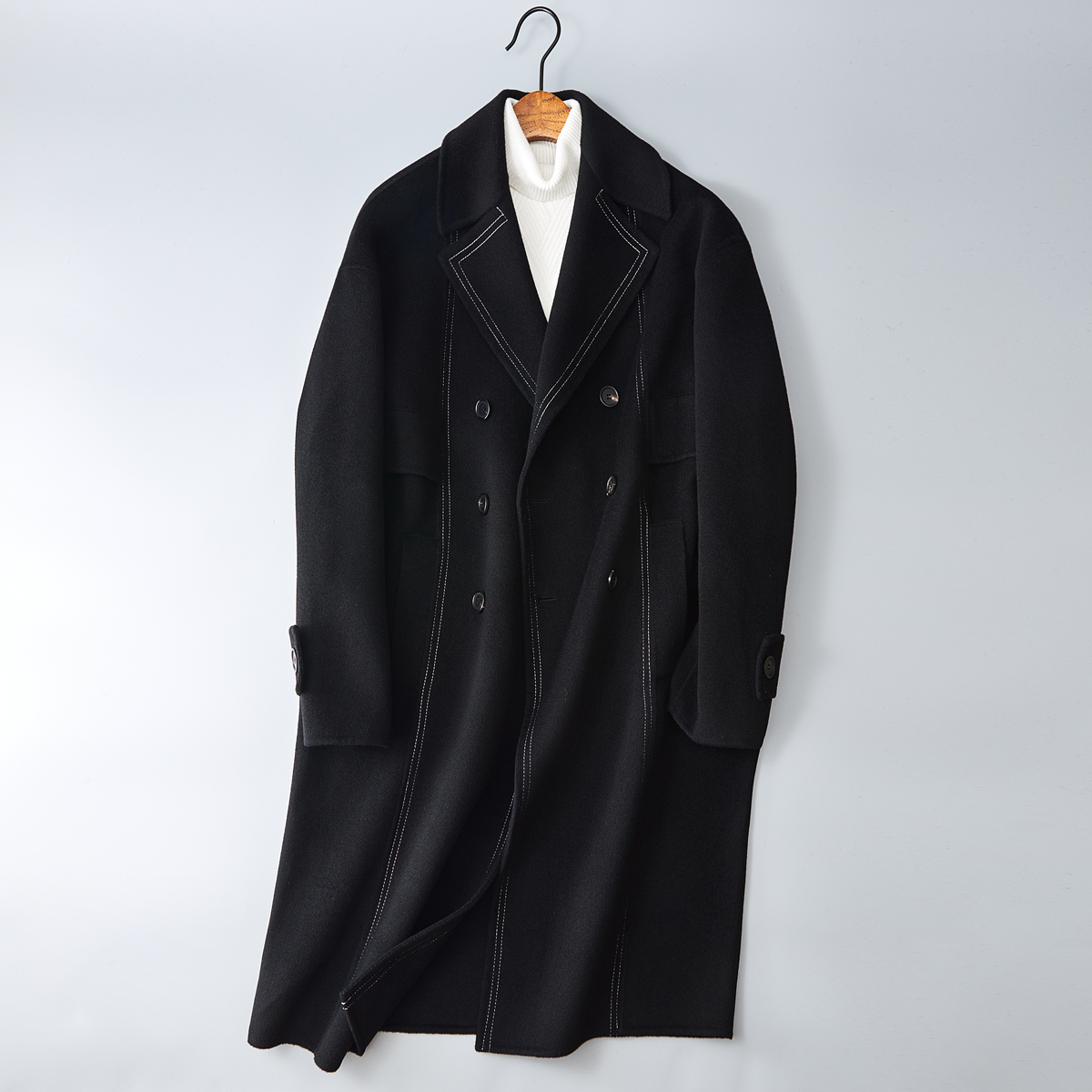 休闲毛呢外套简约西装领长款呢子风衣外套黑色钱塘6016-2033p485，男装西服套装，钱塘大厦6016