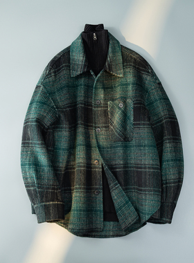 2025新格子 墨绿色宽松毛呢衬衫 羊毛冬装外套6016-5871P325控688