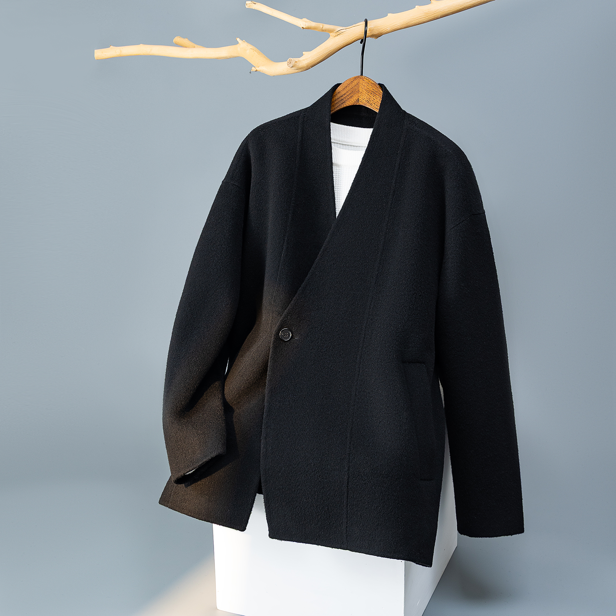 澳洲羊毛新中式风茶服毛呢大衣V领外套6016-8508P399控788，男装毛呢大衣，钱塘大厦6016