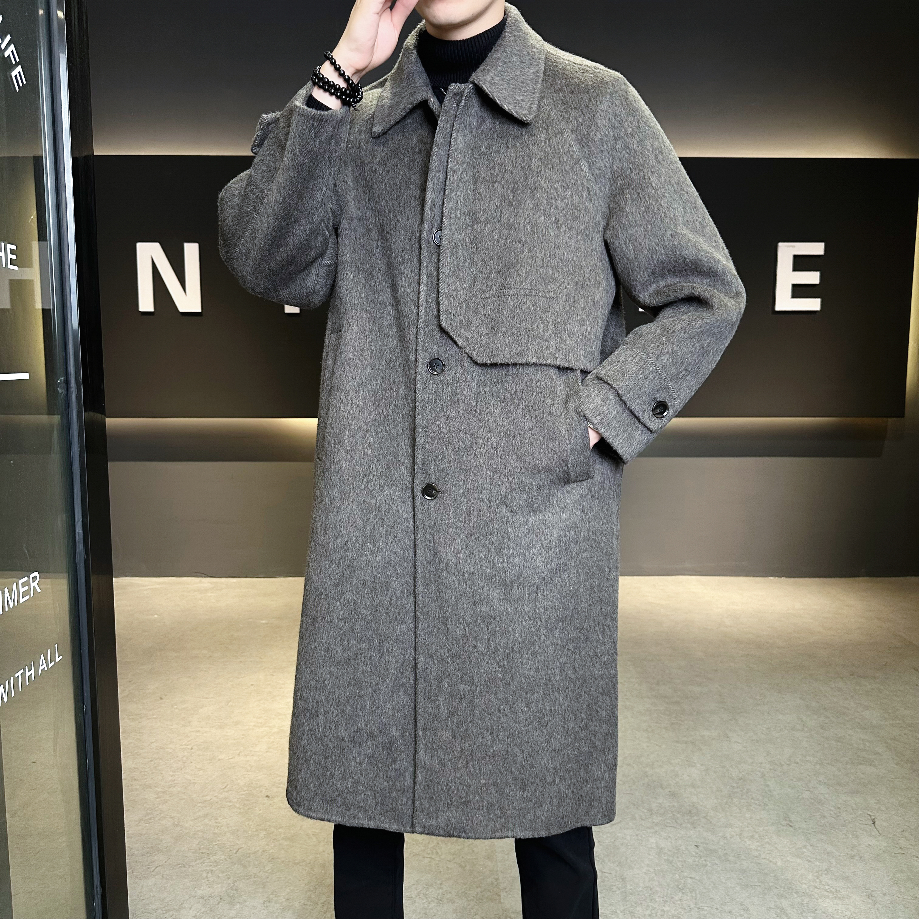 模特图双面呢中长款翻领毛呢外套羊毛风衣冬装6016-5881P358控688，男装风衣，钱塘大厦6016