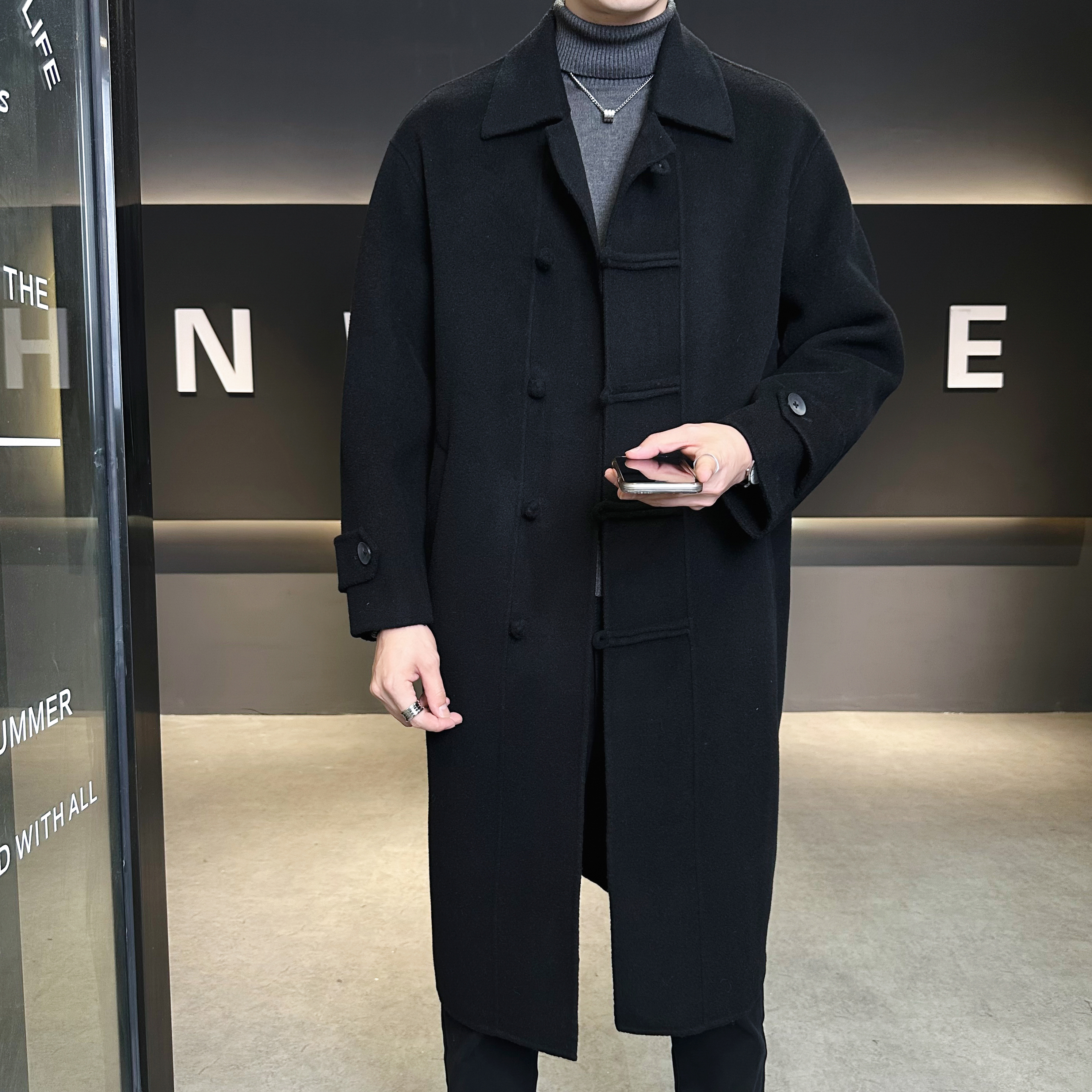 新中式风毛呢大衣盘口中长款羊毛冬装外套6016-8505P435控899，男装毛呢大衣，钱塘大厦6016