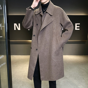 英伦风宽松双领腰带大衣男羊毛秋冬毛呢咖啡色6016 9903P525