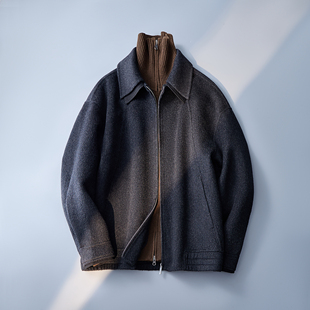 293P315 呢子碳黑色钱塘6016 双领羊毛夹克 拼接设计拉链翻领男士