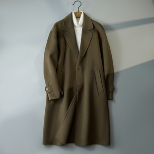 8077p375 呢子风衣灰绿色钱塘6016 休闲毛呢外套简约西装 领长款