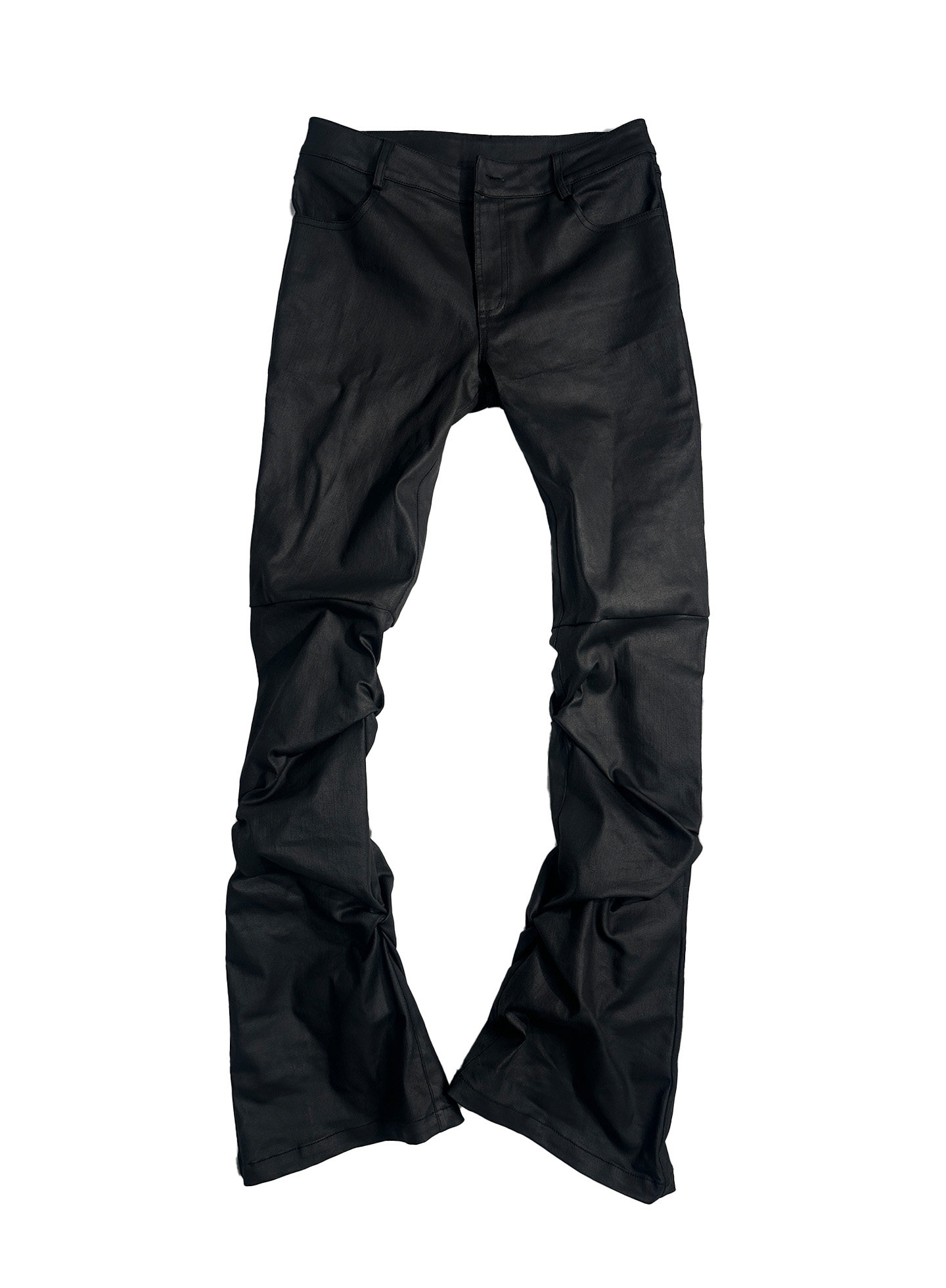 thumbnail for FromTheisland Slim Pleated Coated Wax Pants Micro-Stretch Dark Slightly Spread Stacked Jeans