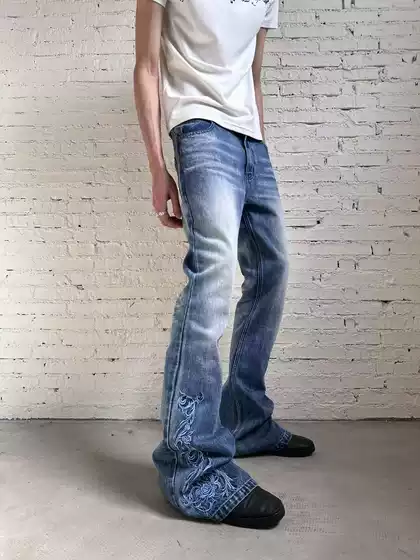 Fromtheisland (Fti) Washed Embroidered Flared Blue Denim Vintage Subculture Visual Style Pants