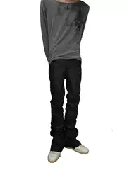 Fromtheisland Visual Style Slim-Fit Pleated Coated Wax Pants with Slight Stretch, Dark Black, Slightly Flared, Stacked Effect Jeans