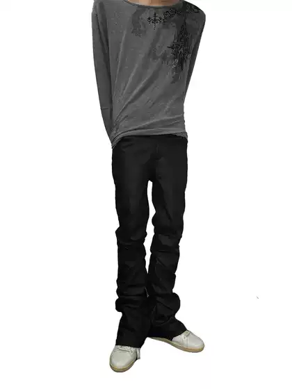 Fromtheisland Visual Style Slim-Fit Pleated Coated Wax Pants with Slight Stretch, Dark Black, Slightly Flared, Stacked Effect Jeans