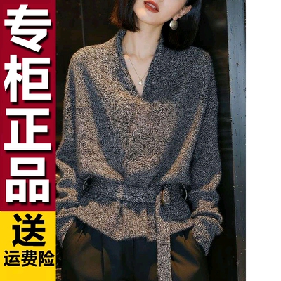 原版高级感V领针织开衫毛衣外套女春季2026新款收腰系带独特上衣