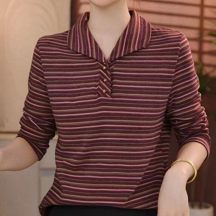 原版高级优雅百搭翻领条纹长袖衬衫洋气减龄显瘦遮肉妈妈装上衣