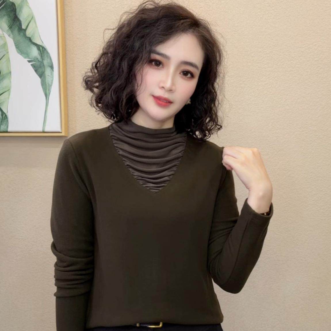 原版中年女装T恤2026秋冬新款洋气百搭拼接半高领设计感保暖上衣