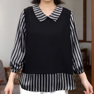 休闲上衣宽松显瘦条纹拼接假两件套头衬衫 原版 时尚 新款 女 2026春季