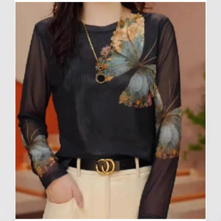 圆领轻肤网纱小衫 春季 透气双层高级百搭套头洋气轻奢T恤 新款 原版