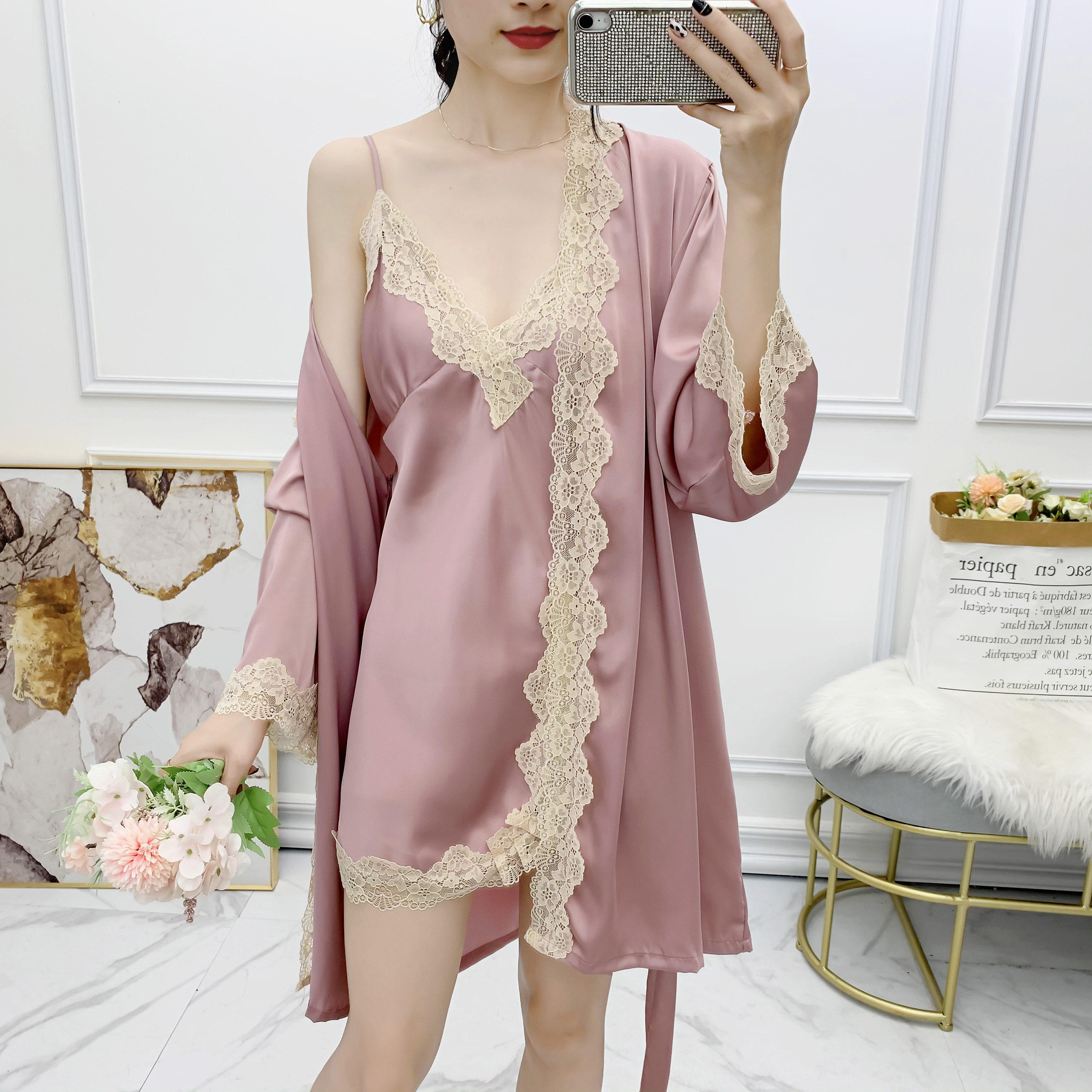 性感睡衣女夏季冰丝绸薄款蕾丝2024年夏款春秋吊带睡裙袍两件套装