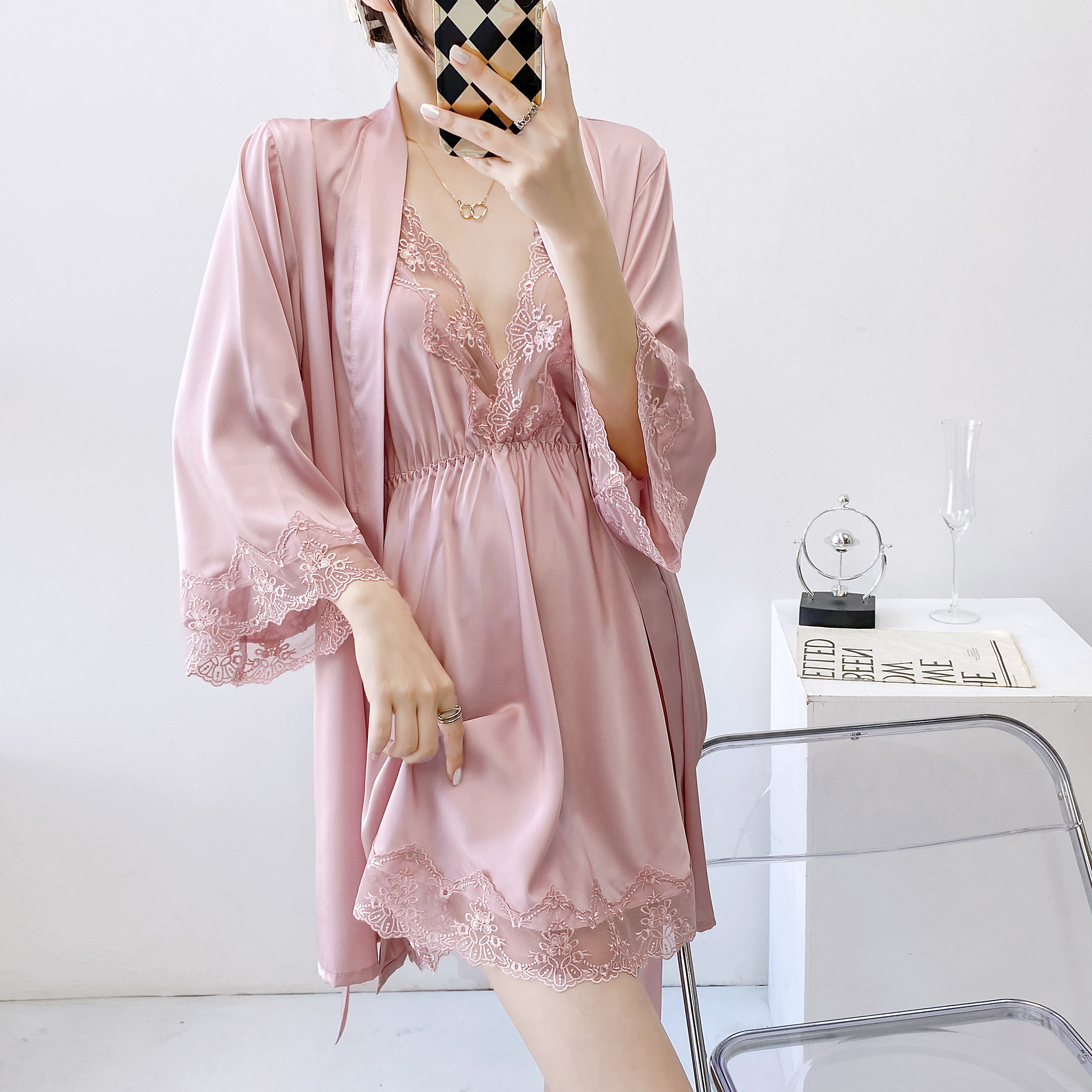 吊带睡衣女夏冰丝绸薄款性感睡裙睡袍两件套带花边性感韩版家居服