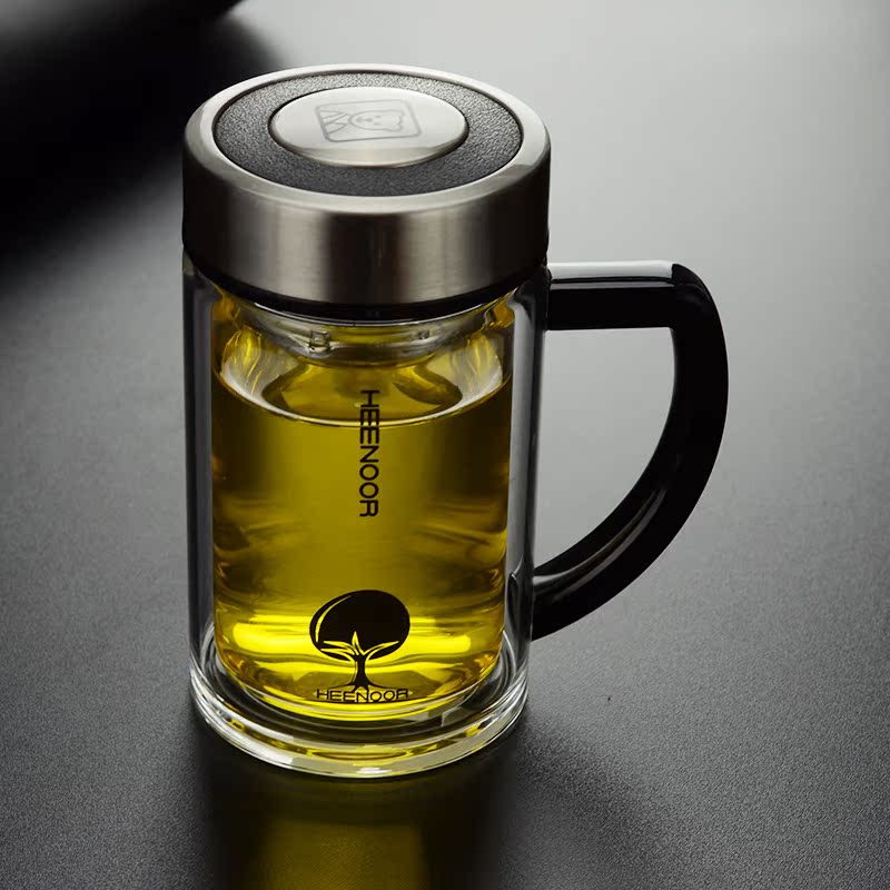 希诺双层玻璃杯 男士高档商务手柄泡茶杯 带把大容量办公室水杯子