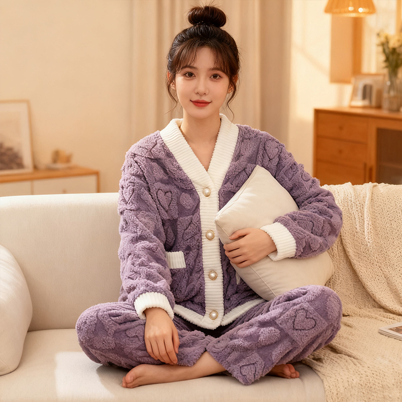睡衣女秋冬季2025新款法兰绒加厚V领舒棉绒长袖长裤少女居家服套