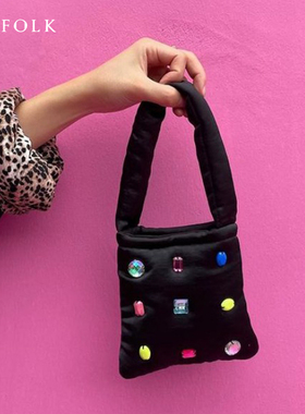 时尚网红痞幼同款手提单肩小方包小众设计百搭独特手缝宝石钻石包