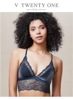 V21法式内衣女薄款无钢圈蕾丝套装小胸三角杯美背文胸大胸显小
