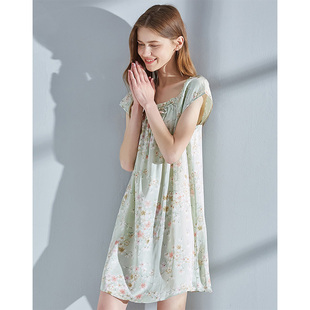 清新绿色睡衣女夏款2025新款睡裙杭州桑蚕丝绸家居服夏天印花短袖