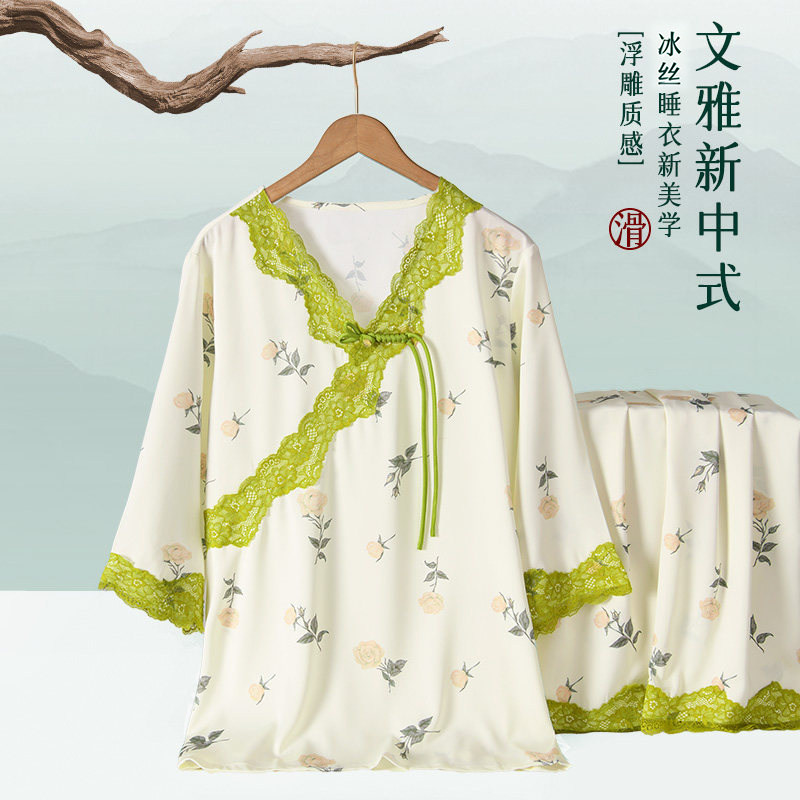 春夏新中式冰丝睡衣女家居服花边