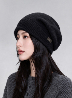 黑色软糯100%纯羊毛冷帽女秋冬季显瘦护耳针织帽子防寒保暖堆堆帽