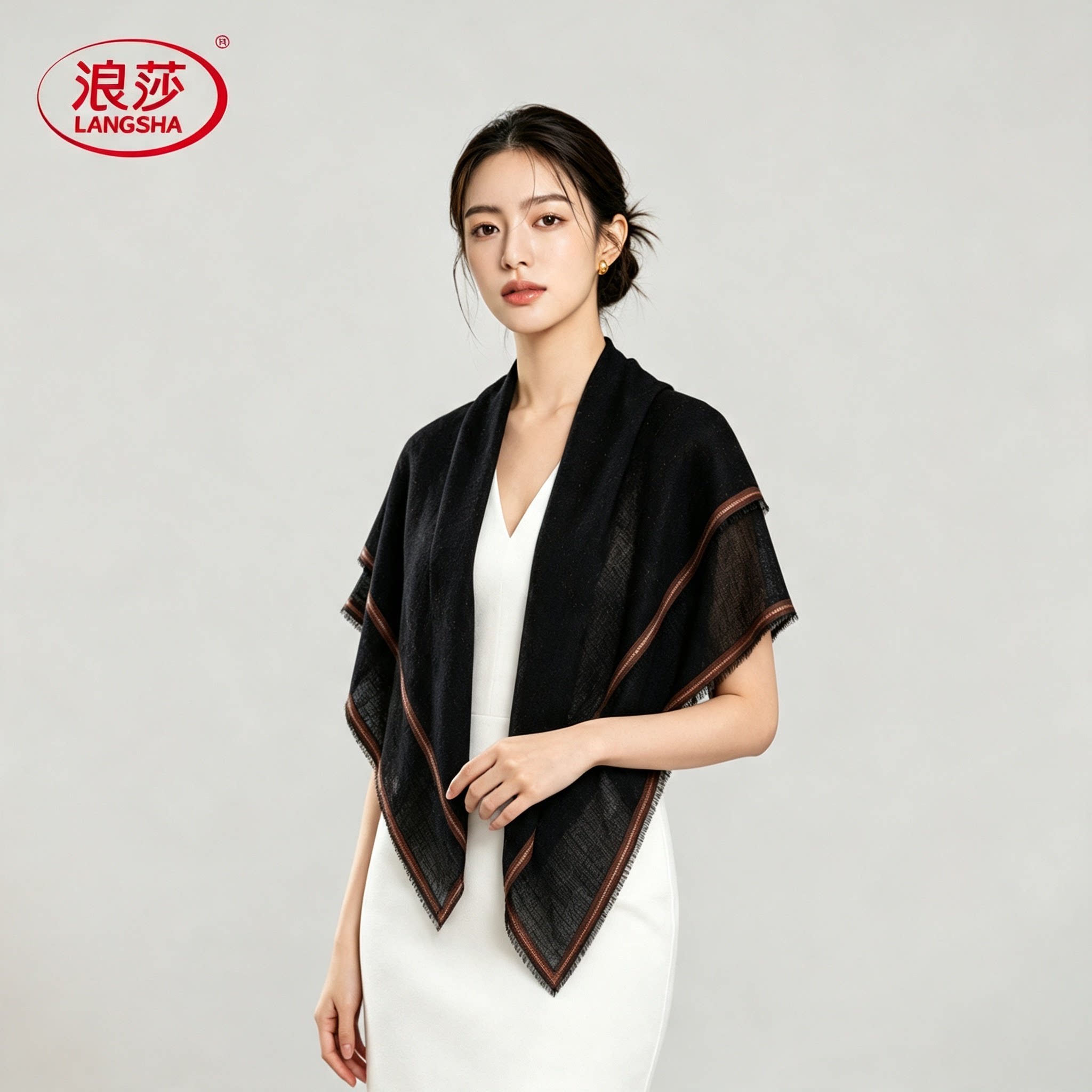 纯羊毛黑色薄款空调披肩外搭女士
