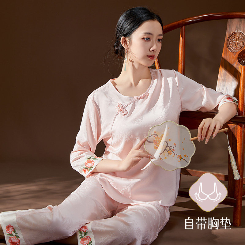 带胸垫冰丝新中式睡衣女圆领刺绣