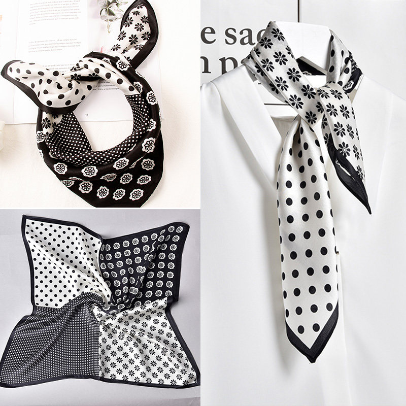 黑白真丝丝巾女小方巾夏季100%桑蚕丝妈妈薄款配西装衬衫系脖百搭