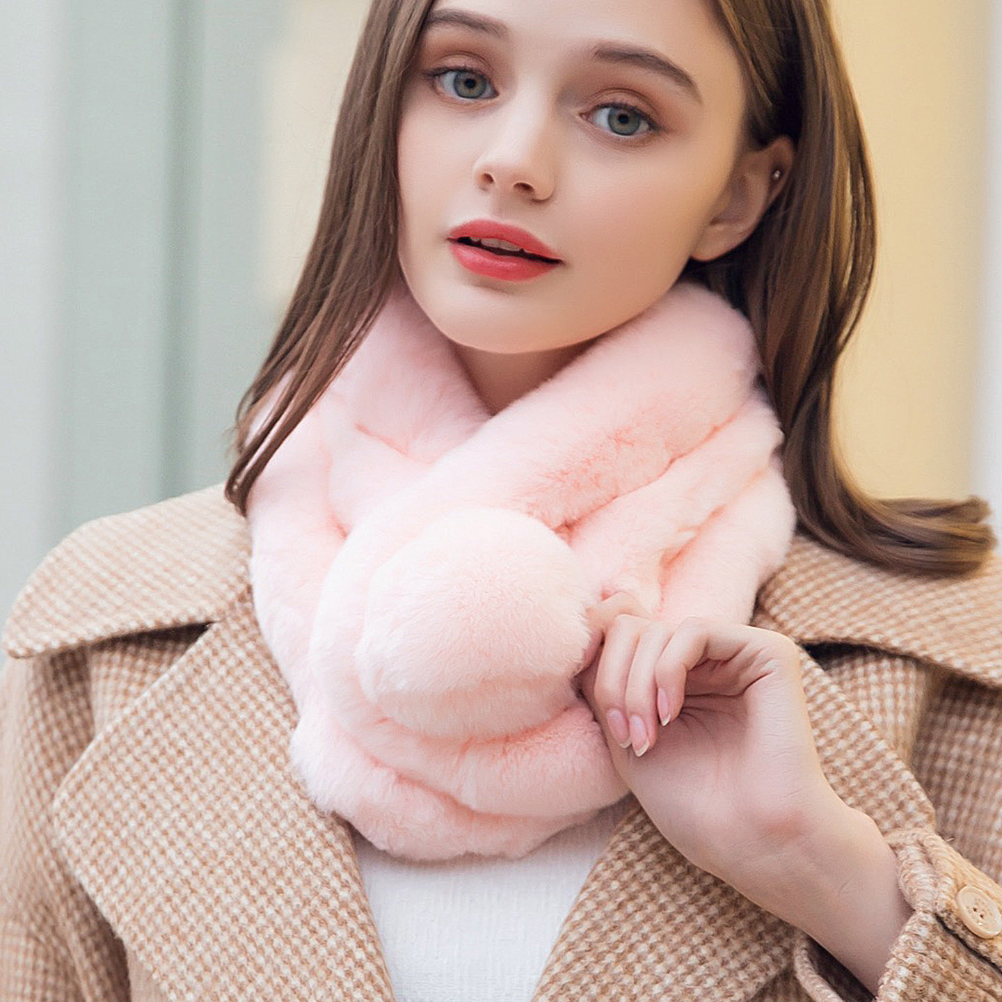 粉色獭兔毛围巾女冬季皮草懒真毛围脖搭配大衣护颈保暖濑毛绒毛领