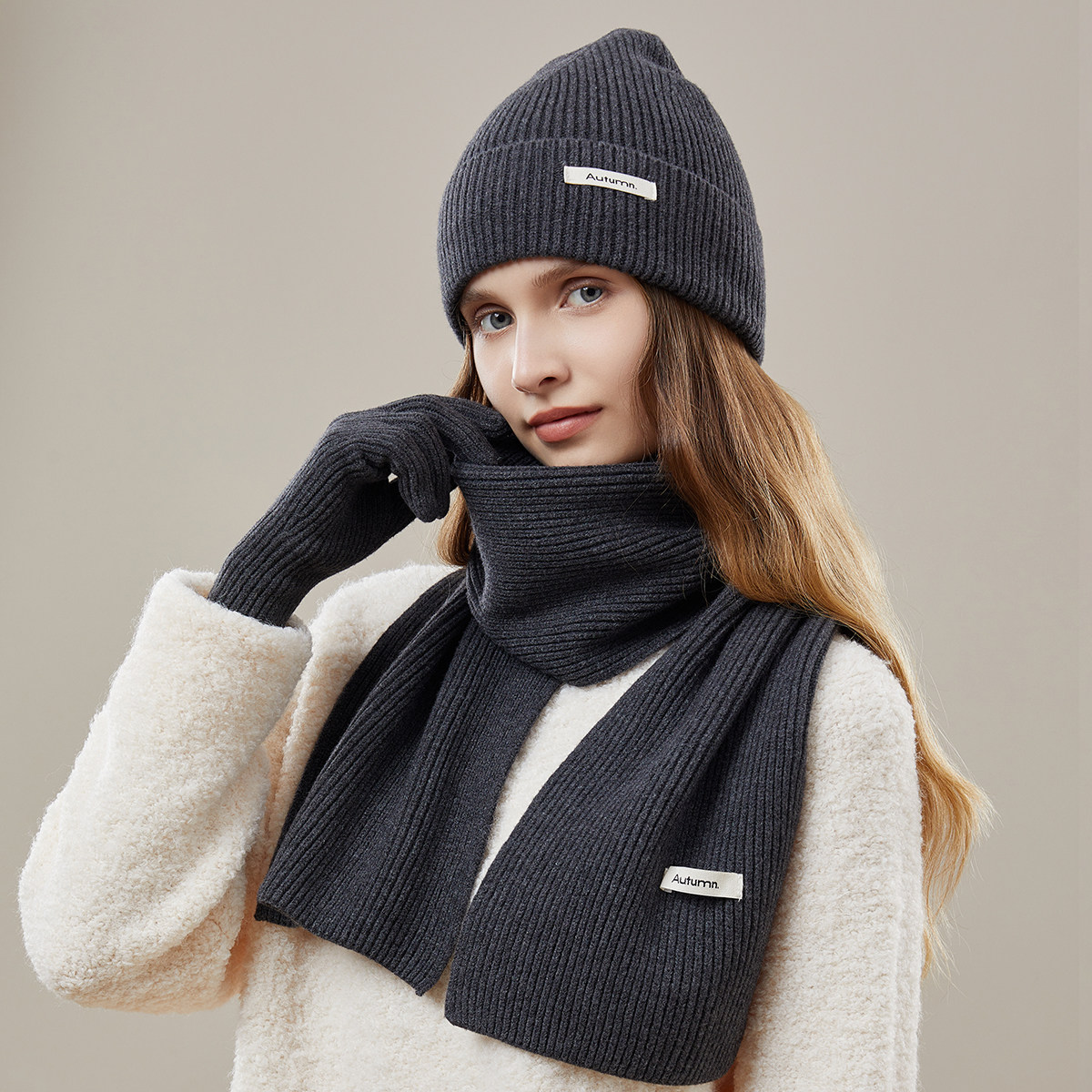 高级感灰色针织毛线帽子围巾手套三件套女生冬季生日礼盒冬季保暖