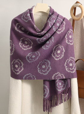 暮山紫色~山茶花送尊贵妈妈冬季围巾女2025新款加厚保暖婆婆披肩