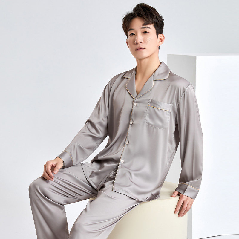 香槟金长袖长裤冰丝睡衣男款大牌风男士家居服夏季套装送爸爸生日