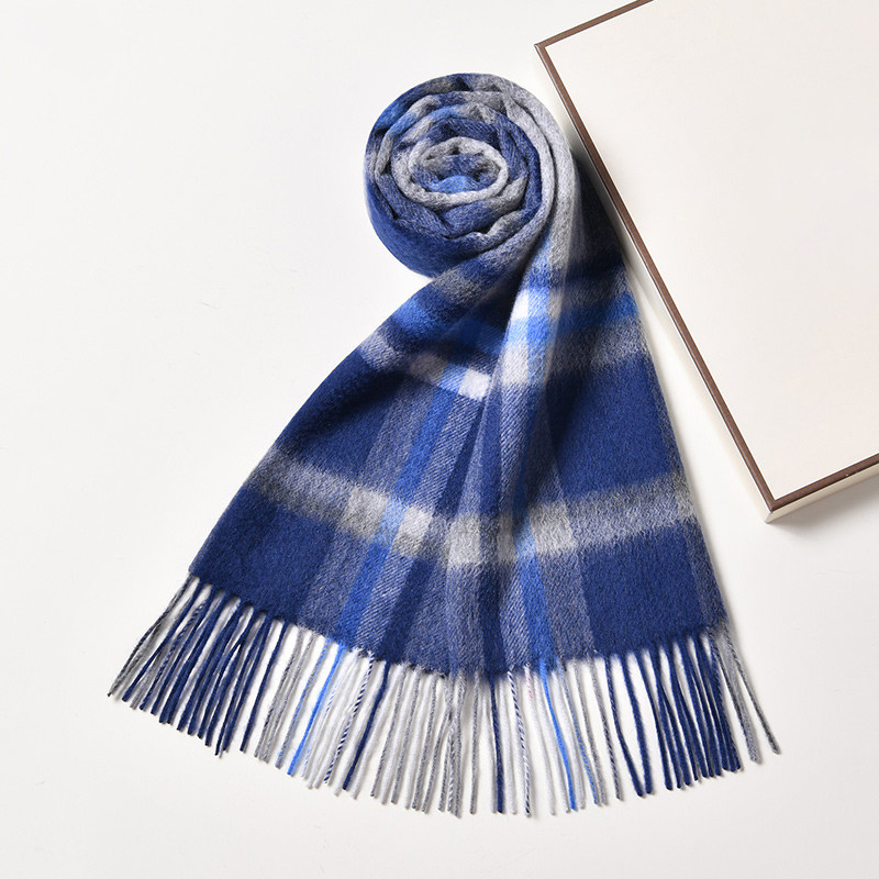 蓝白色100%cashmere山羊绒围巾男女通用冬季保暖围脖生日礼物礼盒