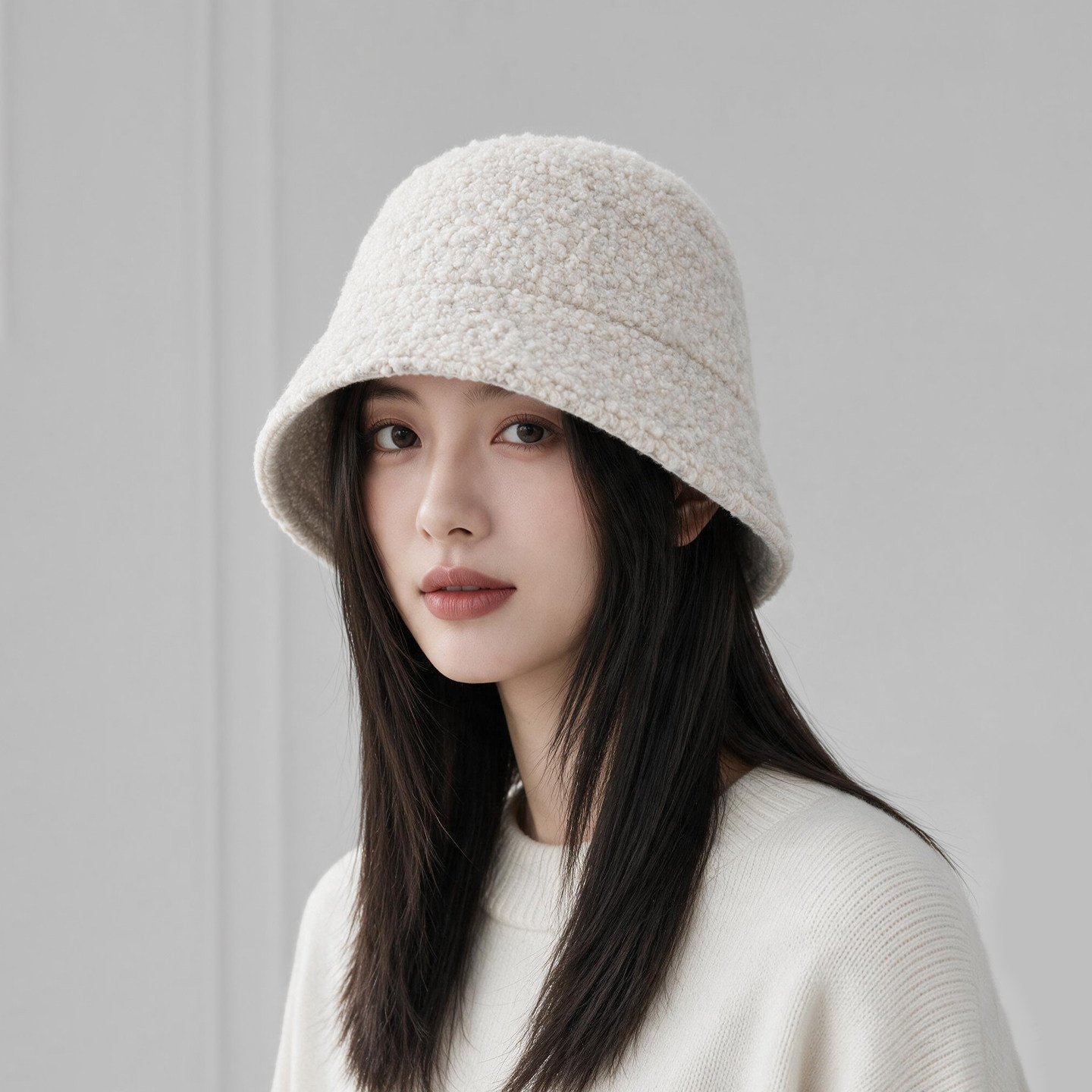 韩系简约仿羊羔毛渔夫帽女秋冬季保暖显脸小羊毛混纺帽子休闲盆帽