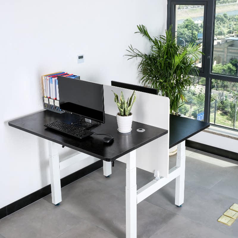 自动电动升降桌带线槽屏风双人位办公站立式电脑可调节台式工作台