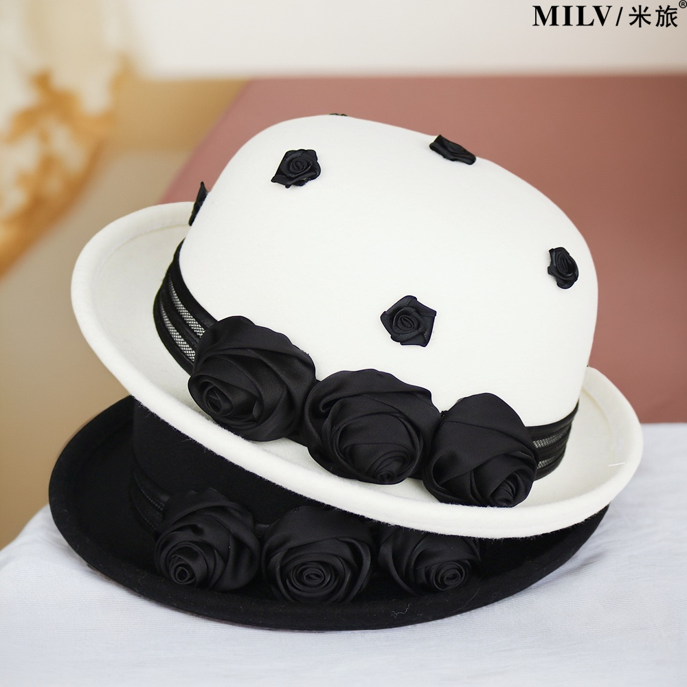 秋冬新款优雅玫瑰花朵羊毛呢盆帽女士英伦复古时尚百搭卷边小礼帽