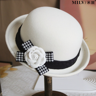 秋冬帽子女卷沿复古时尚白色礼帽百搭休闲山茶花羊毛呢盆帽时装帽