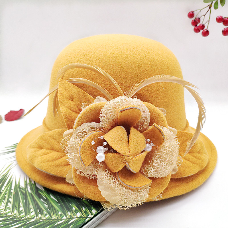帽子女秋冬韩版礼帽时尚羊毛呢盆帽优雅毛毡帽珍珠花朵复古渔夫帽