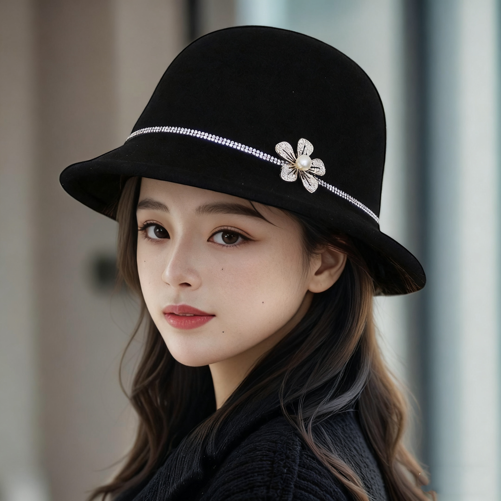 秋冬黑色毛呢礼帽女士小香风英伦复古圆顶轻奢时装帽显脸小渔夫帽