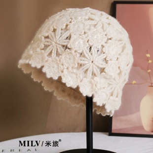 日系秋冬毛线帽子女洋气手工钩花百搭文艺包头帽遮白发保暖针织帽