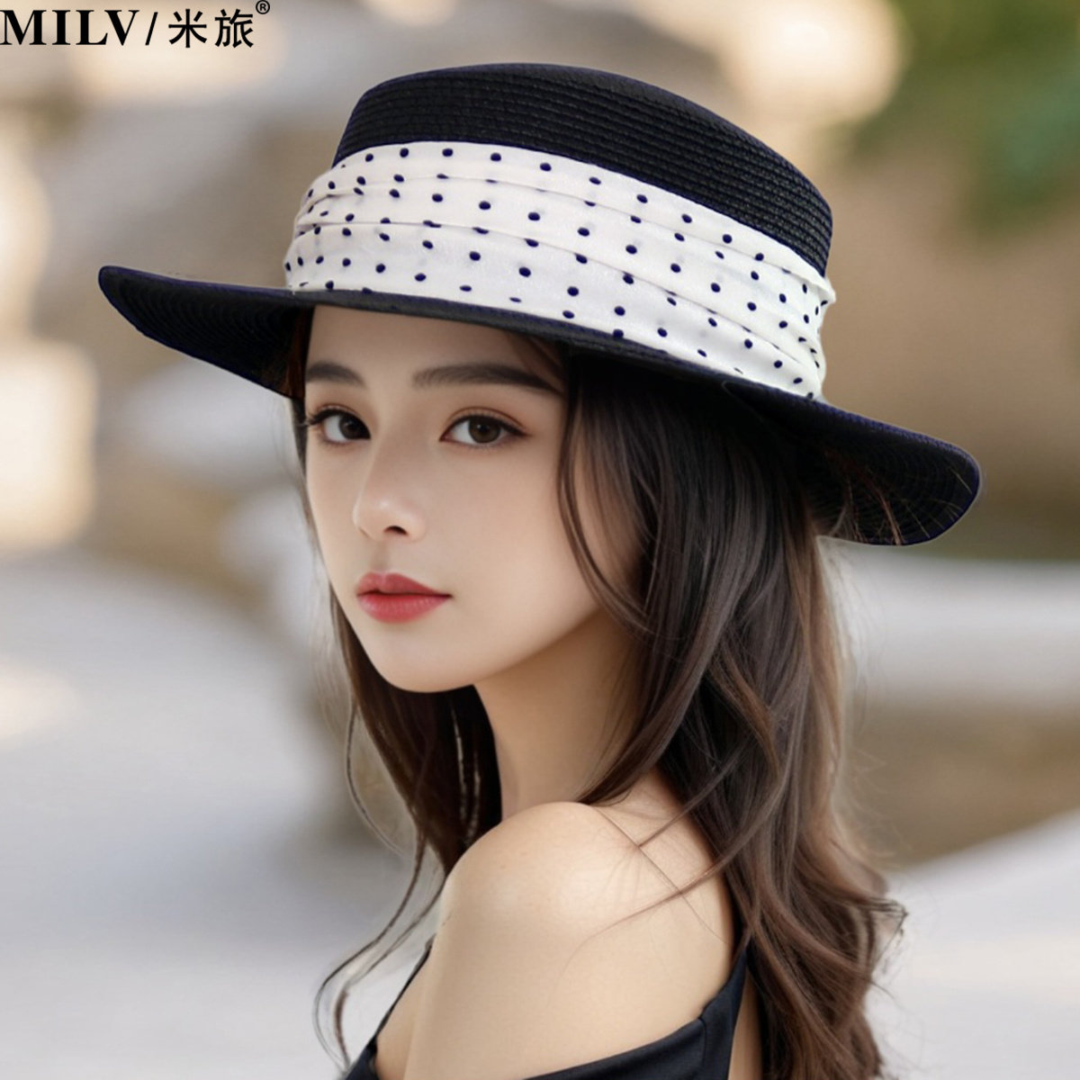 韩版小清新波点蝴蝶结平顶草帽