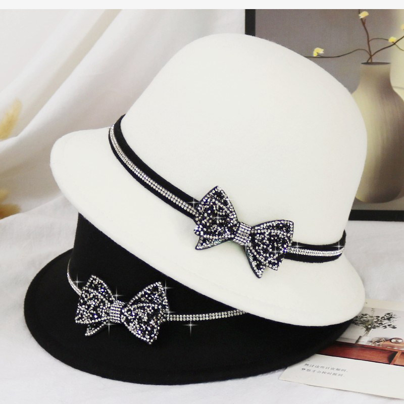 秋冬羊毛呢礼帽女水钻蝴蝶结名媛小檐盆帽显脸小黑白小香风渔夫帽